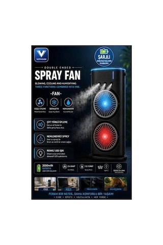 Çift Başlıklı Sprey Fan Nemlendirici Ve Renkli Led Işıklı Siyah Evimdeyokyok
