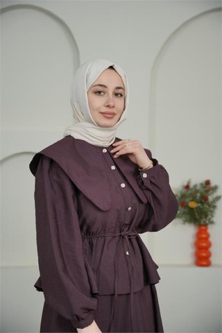 Neşeli Butik Kadın Bordo Pelerin Yaka Etekli Tesettür Takım Nbvq3134