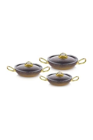 Oms Gold Serisi 6 Parça Granit Sahan Seti Cam Kapaklı 18-20-22 Cm Pfoa İçermez Gold