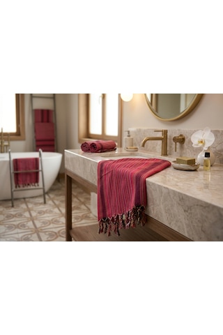 Ludıa %100 Pamuk Çizgili Peştemal Havlu 90x180 Cm Bordo Kırmızı Püsküllü Bordo - Kırmızı