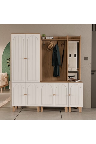 Set 5084-5072-5088 Rapsody Sağ Aynalı 7 Kapaklı Membran 9 Askılı Bohem Portmanto Sepet-beyaz Beyaz - Meşe