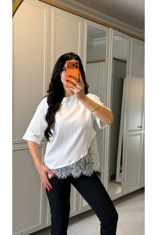 Mareandpanda Kısa Kollu Bısıklet Yakalı Dantel Detaylı Vıskon Ikı Iplık Bluz Beyaz