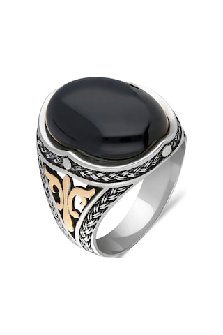Oval Siyah Oniks Taşlı Gümüş Erkek Yüzük