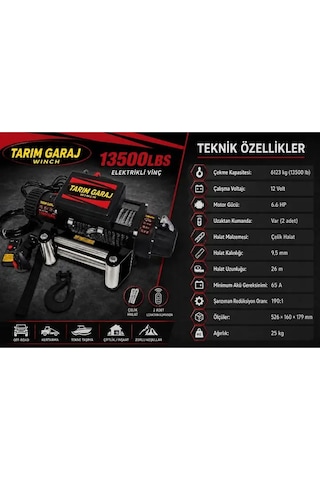Tarım Garaj 13500 Lbs Elektirkli 12 V Ve Kumandalı Off Road Vinç 6.6 Hp