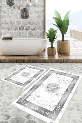 Dijital Baskı Mermer Desen Kaymaz Taban 2li Set Banyo Paspası Klozet Takımı 50x60cm-60x100cm Gri