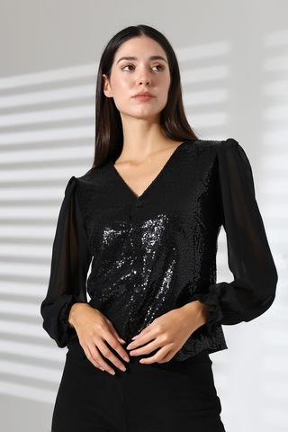 Mois Atelier Siyah Şifon Bilek Büzgülü Balon Kol Payetli Çık Çıt Kapama Yelek Gömlek Tasarım Hediye Büyük Beden Siyah