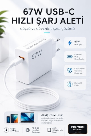 67w Turbo Süper Hızlı Şarj Adaptörü - Beyaz Usb-c Turbo Şarj Cihazı + Dayanıklı Type-c Kablo Seti