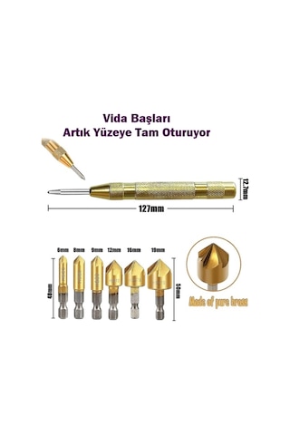 6 Parça Havşa Matkap Ucu Seti + Otomatik Punta Ahşap Mdf Metal Pah Kırma Havşa Açma Seti