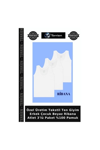 Terrien Özel Üretim Tekstil Ten Giyim Erkek Çocuk Beyaz Ribana Atlet 3'lü Paket %100 Pamuk