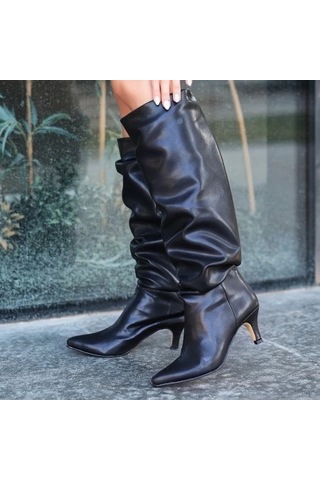 Zelya Siyah Cilt Topuklu Çizme Siyah