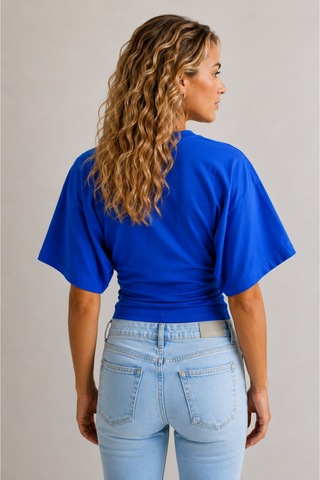 Overmax Bele Oturan Oversize Kollu Premium Crop Bluz Mavi - 880759104 Mavi