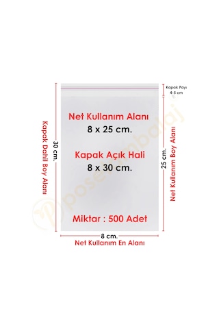 8x25+5 Cm. 8x30 500 Adet Şeffaf Bantlı Yapışkanlı Opp Poşet