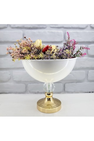 Modern Dekoratif Gold Ayaklı Kristal Taşlı Beyaz Büyük Salon Vazo Beyaz - Gold