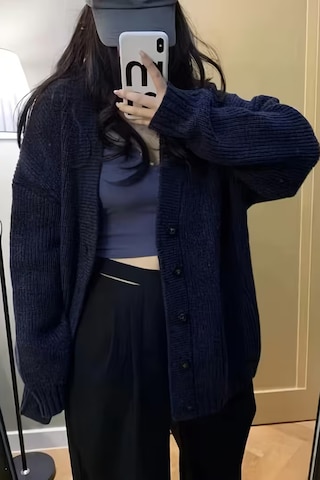 Kadın Oversize Cepli Düğmeli V Yaka Triko Hırka Lacivert