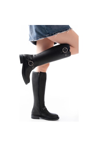 Siyah Toka Aksesuarlı Lastikli Fermuarlı Günlük Kadın Çizme Siyah