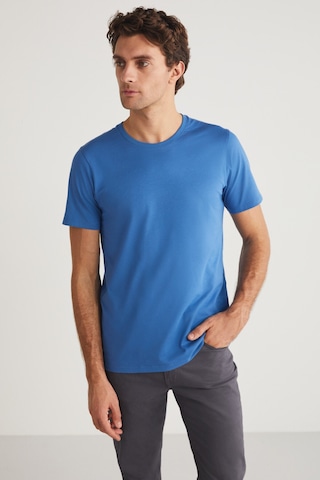 Grımelange Mıchel Erkek Slim Fit Dar Kesim %100 Organik Pamuklu Yana Kayan Dikişli Basic Örme Mavi T-shirt