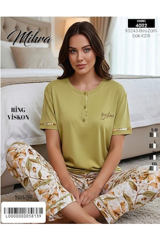 Mihra Kadın Ring Viskon Düğmeli Yaka Kısa Kol Likralı Pijama Takımı 40112fy - 1 Adet Yeşil