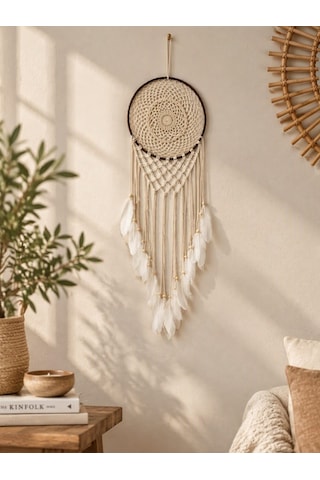 Motifli Düş Kapanı Rüya Kapanı Dream Catcher Beyaz Tüylü Bohem Duvar Süsü Bohem El Yapımı Düş Kapanı