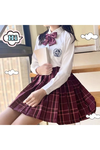3 Adet Kadın Anime Okul Üniforması Seti Şarap Kırmızı Pilili Etekler Yaz Jk Gömlek Uzun Kollu Ceket Mini Ekose Etek Takım Elbise Şarap Kırmızısı&beyaz Bordo - Beyaz
