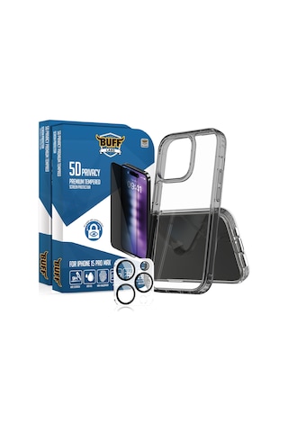 Buff Apple iPhone Uyumlu 15 Pro Max Paket - 2x5d Ekran Koruyucu + Siyah Kılıf + Lens Koruyucu Privacy