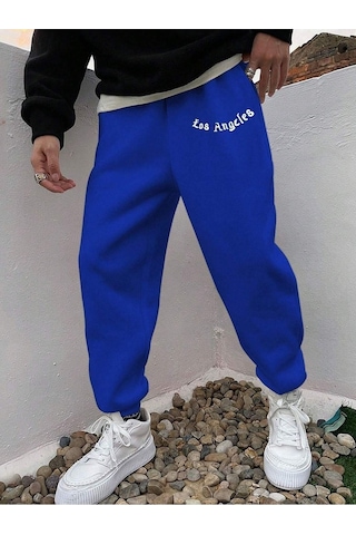 Los Angeles Eşofman Altı Jogger - Sax Mavi Baskılı Lastik Paça Yüksel Bel Saks Mavi