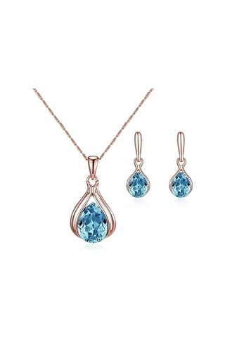 Elegant Zarif Su Damlası Parlak Mavi Kristal Taşlı 14 Şubat Sevgiliye Hediye Kolye Küpe Seti Rose Gold