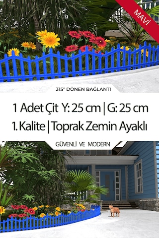 Dekoratif Plastik Bahçe Çiti Ve Peyzaj Çiti 1 Adet Çit Y: 25 Cm / G: 25 Cm Toprak Ayaklı - Mavi