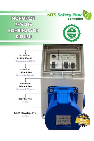 7.4 Kw 3/32 A Schneider Tesla Mavi Adaptör Uyumlu Seyyar Elektrikli Araç Şarj Cihazı İstasyonu Kombinasyon Panosu Kutusu 7kw 7,4 KW