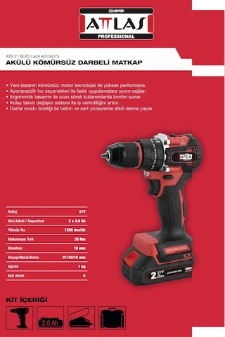 Atlas ATB 21 BLPD 21 Volt Akülü Kömürsüz Darbeli Vidalama Matkap Seti