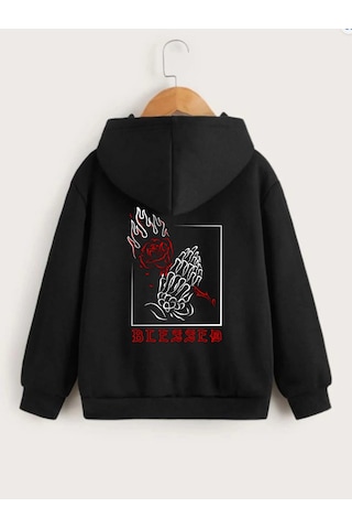 Moda Assema Çocuk Unisex Kapüşonlu Ön Ve Arka Blessed Baskılı Sweatshirt - Siyah Çok Renkli