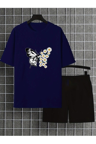 Uyguntarz Unisex Papatyakelebek Tasarım Basklı Tshirt Eşofman Takımı Lacivert
