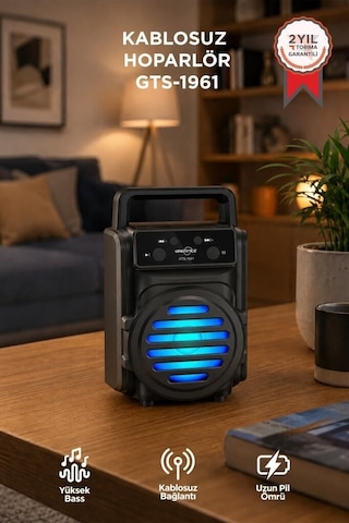 Bluetooth Hoparlör Rgb Işıklı Kablosuz Speaker Gts-1961 Siyah Müzik Frekans Cihazı