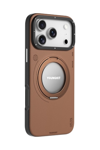 Apple Uyumlu iPhone 17 Pro Kılıf M-safe 360 Standlı Basit Mat Deri Desenli Youngkit Tech Leather Seri Kahverengi Kahverengi