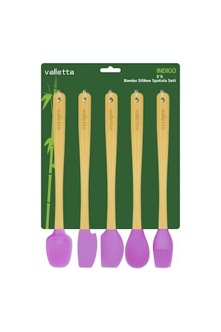 Valletta Indigo 5'li Pembe Bambu Silikon Spatula Seti Uzun 26 Cm