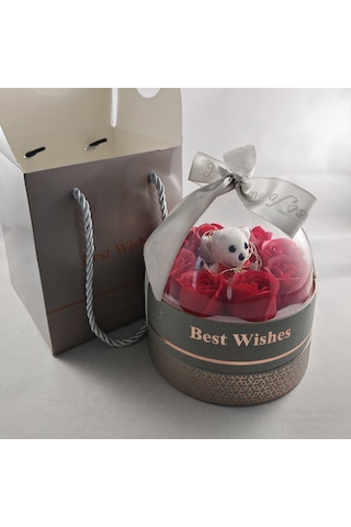 Led Li Gümüş Fanus Ayıcık & Solmayan Gül Hediye Kutusu