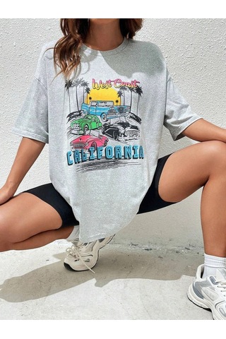 California Arabalar T-shirt - Gri Baskılı Oversize Bisiklet Yaka Kısa Kol Tişört Gri