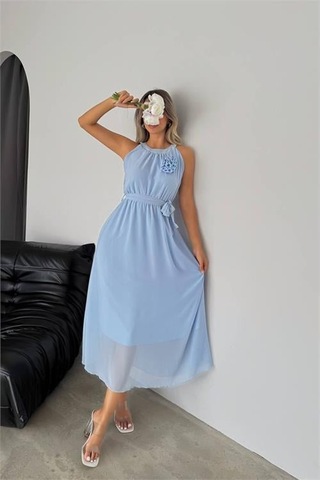 Kadın Astarlı Sıfır Kol Şifon Elbise Dpnbk2144 Mavi