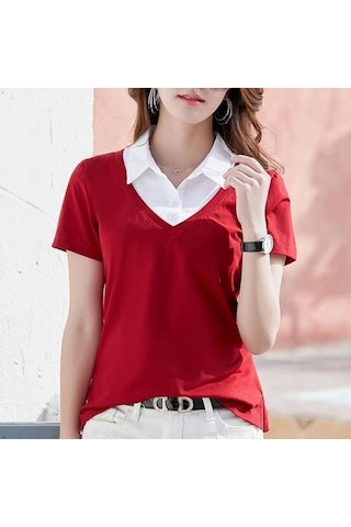 Kırmızı Pamuk Yaz Yeni Kısa Kollu Kadın Gömlek Kadın Sahte Iki Kadın Ince Turn Down Yaka Gömlek Za Tops Kırmızı