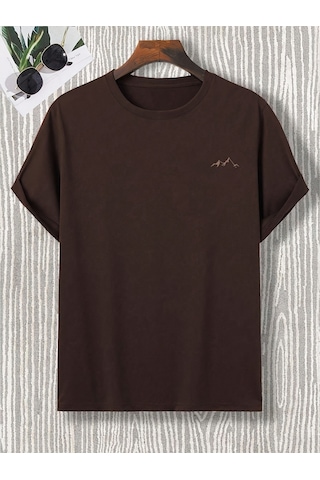 Unisex Dağ Baskılı Oversize Tshirt Kahverengi
