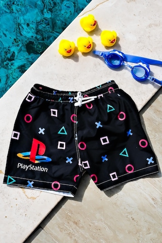 Mayom Erkek Çocuk Playstation Geometrik Baskılı Bel Bağcıklı Deniz Şortu-siyah Siyah