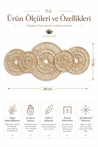 Rattan Duvar Dekoru 68x38 Cm Bohem Doğal Görünümlü El Yapımı Dekoratif Duvar Süsü 1