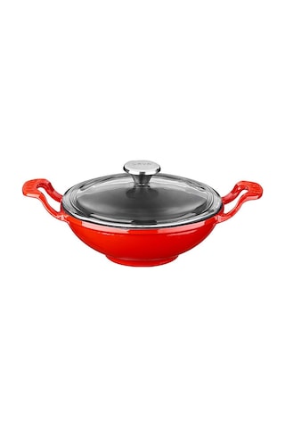Lava Döküm Mini Wok Çap Ø 16cm. Yekpare Kulplu Cam Kapaklı - Kırmızı Kırmızı