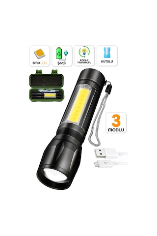 3 Mod Metal Şarjlı El Feneri Zoomlu Mini Boy Type-c Kutulu Cob Led Lamba Acil Durum Işığı 47701 Siyah