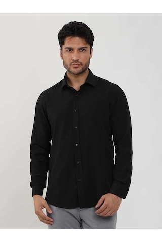 Dufy Siyah Erkek Slim Fit Gofre Desenli Brent Yaka Uzun Kol Gömlek - 104815-siyah Siyah