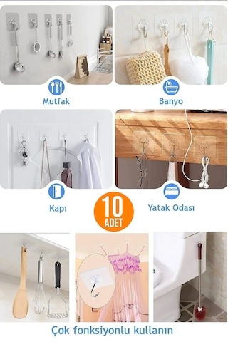 10 Adet - Kendinden Yapışkanlı Çok Amaçlı Kancalı Askı Şeffaf