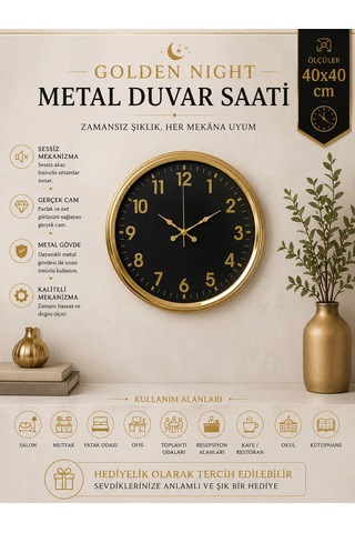 Golden Night Luxury 40 Cm Metal Duvar Saati Gold