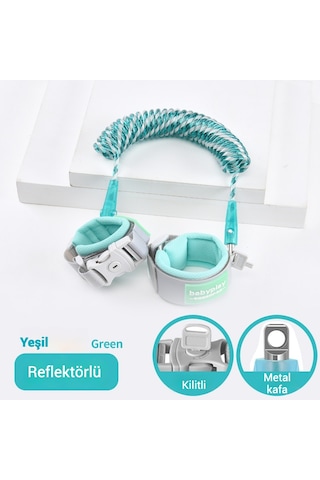 Babyplay Çocuklar İçin Kaybolma Önleyici Bileklik 2 Metre- Reflektörlü, Anahtarlıklı, Sağlam, Güvenli Tasarım Yeşil