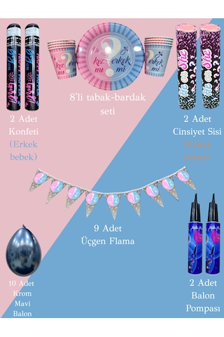 Cinsiyet Partisi Seti Konfeti, Sis,Tabak-Bardak,Flama,Balon