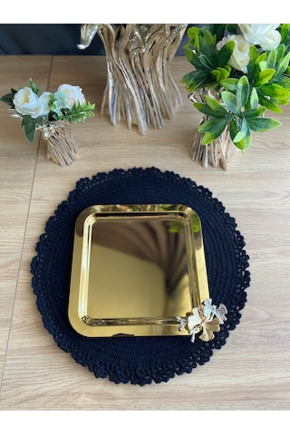 Atabey Home Collection 2 Adet Kahve & Çay & Sunum Tepsisi Gold Tepsi Kelebek Dökümlü