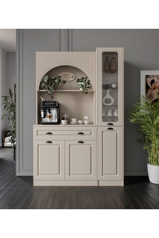 Siena Kum Beji Midi Sağ Vitrinli 130 Cm Komple Mdf Led Aydınlatmalı Kahve Köşesi